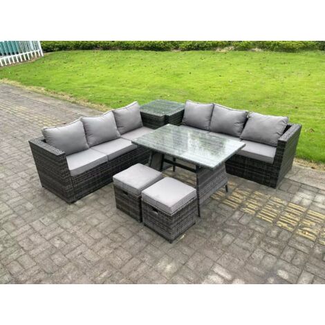 Fimous 8-Sitzer Polyrattan Garten Esstisch Set Gartenmöbel Sofa mit Beistelltisch Hockern Dunkelgrau Gemischt