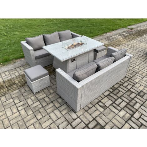 Fimous 8-Sitzer Polyrattan Gartenmöbel Set mit 2 Sofa, Gas Feuertisch und 2 Kleiner Hocker Outdoor Terrassen Essgruppe Helles Grau