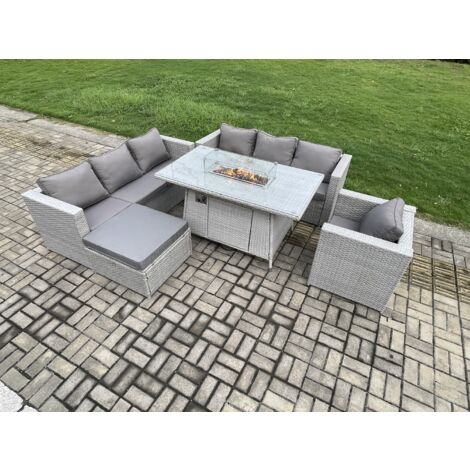 Fimous 8-Sitzer Polyrattan Gartenmöbel Set mit 2 Sofa, Gas Feuertisch und Großer Hocker,Sessel Outdoor Terrassen Essgruppe Helles Grau