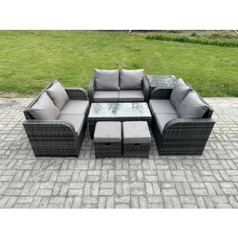 Fimous 8-Sitzer Polyrattan Gartenmöbel Set Patio Sofa Set mit Couchtisch Loveseat Sofa Beistelltisch 2 kleine Fußhockern Dunkelgrau Gemischt