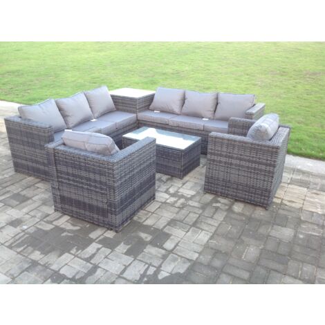 Fimous 8-Sitzer Polyrattan Gartenmöbel Sets mit 2 Sesseln Couchtisch mit Kissen