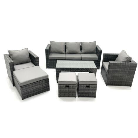 Fimous 8-Sitzer Polyrattan Gartensofa Set Couchtisch 2 Sessel 3 Hockern Dunkelgrau Gemischt