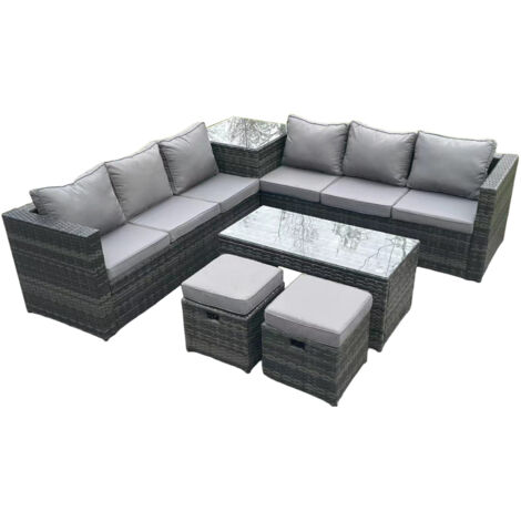 Fimous 8-Sitzer Rattan Ecksofa Set mit quadratischem Beistelltisch und länglichem rechtzeitigem Couch Tee Tisch 2 Hocker Dunkelgrau gemischt