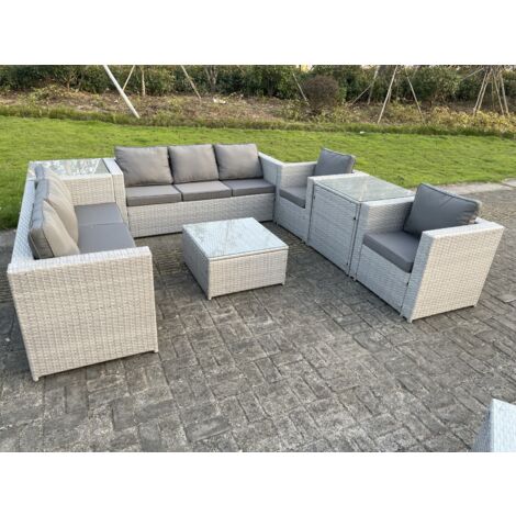 Fimous 8-Sitzer Rattan Gartenmöbel Set mit 3-Sitzer Sofa 2 Sessel 2 Beistelltisch Couchtisch Helles Grau