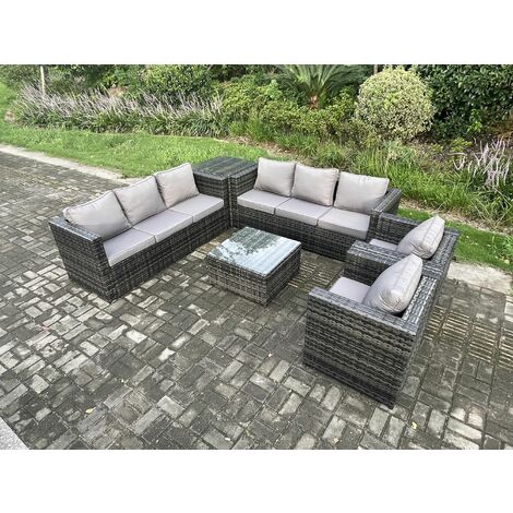 Fimous 8-Sitzer Rattan Gartenmöbel Set Patio Lounge Sofa Set mit 2 Sessel Beistelltisch Quadratischer Couchtisch Dunkelgrau Gemischt