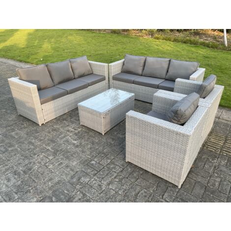 Fimous 8-Sitzer Rattan Gartenmöbel Set Rattan Sofa Set mit 3-Sitzer Sofa 2 Sessel Couchtisch Helles Grau