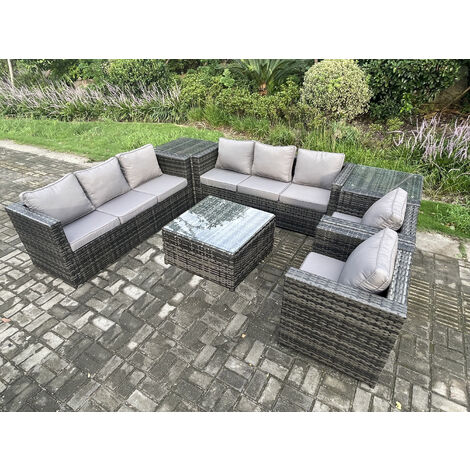 Fimous 8-Sitzer Rattan Gartenmöbel Sofa Set mit 2-Sesseln Quadratischer Couchtisch 2-Beistelltische Innen-Beistelltisch Outdoor Rattan Set Dunkelgrau Gemischt