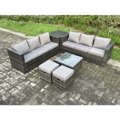 Fimous 8-Sitzer Rattan Gartenmöbel Sofa Set mit Beistelltisch Quadratischer Couchtisch 2 Kleiner Fußhocker Indoor Outdoor Rattan Set Dunkelgrau Gemischt