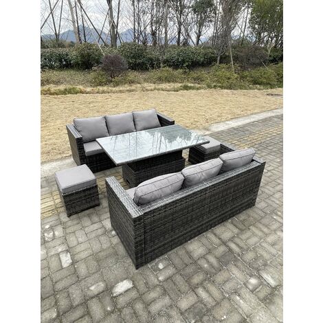 Fimous 8-Sitzer Rattan Lounge Sofa Set Gartenmöbel Einstellbare Steigende Hebende Esstisch Fußhocker Dunkelgrau Gemischt