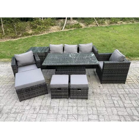 Fimous 8-Sitzer Wicker Polyrattan Gartenmöbel Sofa Set Outdoor Verstellbare Aufsteigende Esstisch Set mit Sesseln Beistelltisch 3 Fußhocker Dunkelgrau gemischt