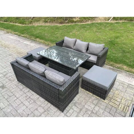 Fimous 8-Sitzer Wicker Polyrattan Sofa Gartenmöbel Set Outdoor Einstellbare Steigende Hebende Esstisch Set mit 2 großen Fußhockern Dunkelgrau gemischt