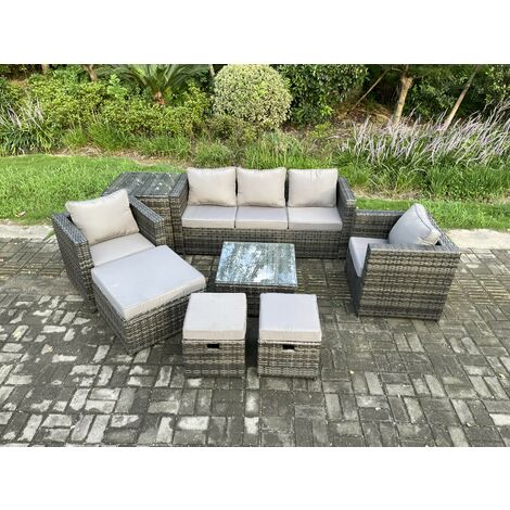 Fimous 8-Sitzer Wicker Rattan Gartenmöbel Sofa Set mit Beistelltisch Sessel Quadratischer Couchtisch 3 Fußhocker Dunkelgrau Gemischt