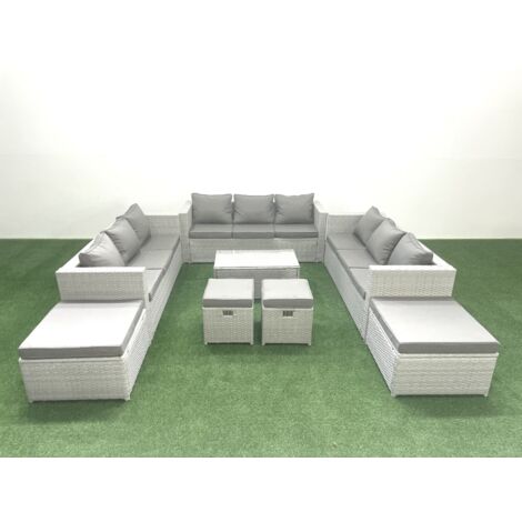 Fimous 8 Stücke Rattan Gartenmöbel Set Garten Sofa Couchtisch Set mit 4 Hockern Hellgrau gemischt