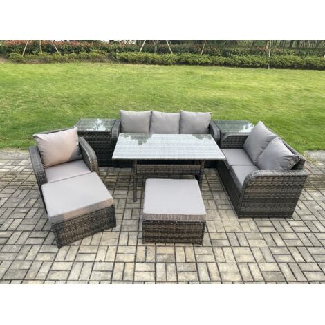 Fimous 8 Teil Ensemble de meubles de jardin en rotin  avec Canapé Table à manger rectangulaire 2 Tables d'appoint 2 Grands Tabourets Set