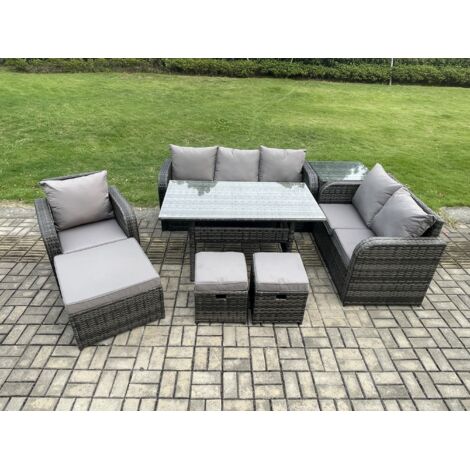 Fimous 8 Teil Ensemble de meubles de jardin en rotin  avec Canapé Table à manger rectangulaire Table d'appoint 3 Petits tabourets Set