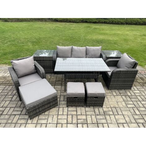 Fimous 9 Pcs Ensemble de meubles de jardin en rotin Table à manger rectangulaire et Fauteuil Canapé avec 2 Tables d'appoint 3 Repose-pieds Gris foncé mélangé