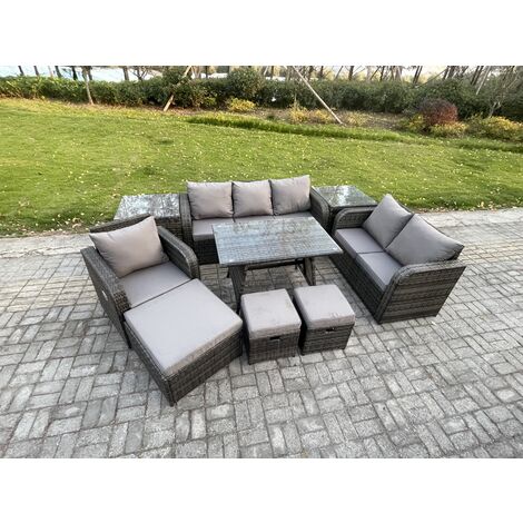 Fimous 9 PCS Outdoor Lounge Sofa Set Wicker PE Rattan Garden Furniture Set with Rectangular Dining Table Armchair 3 Footstools Dark Grey Mixed
