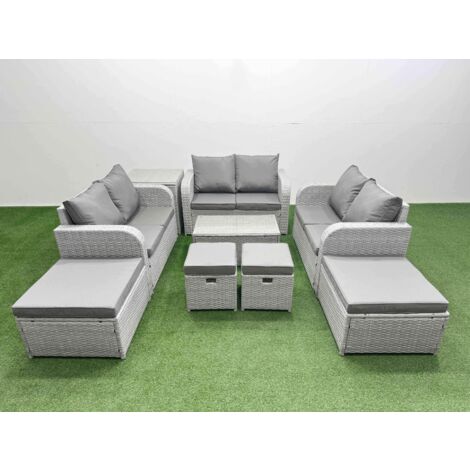 Fimous 9 PCs Rectangular Coffee Table Set Reclining Chair Inclining Sofa Love Sofa 2 Big Footstool 2 Small Stool Side Table Light Grey