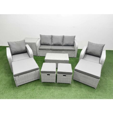 Fimous 9 PCs Rectangular Coffee Table Set Reclining Chair Inclining Sofa Seat 2 Big Footstool 2 Small Stool 1 Side Table Light Grey