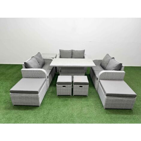 Fimous 9 PCs Rising Dining Table Set Inclining Love Sofa Seat 2 Big Footstool 2 Small Stool 1 Side Table Light Grey
