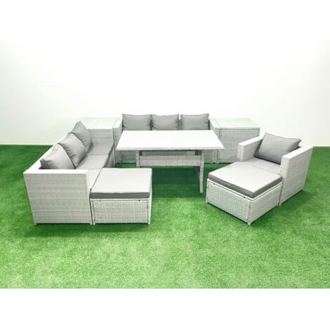 Fimous 9 Pièces Ensemble de canapés de jardin en rotin avec coussin avec Fauteuil Table à manger 2 Tables d'appoint 2 Grands Tabourets