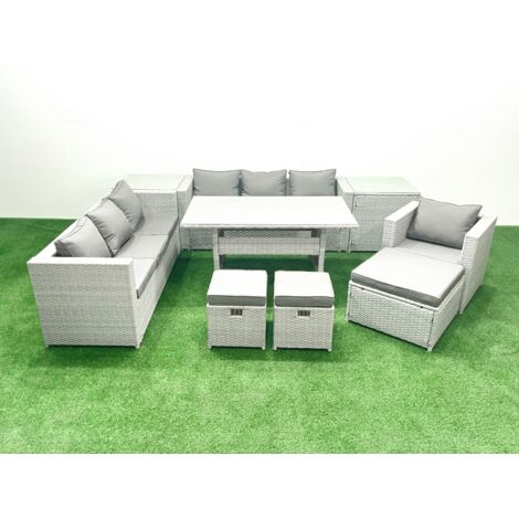 Fimous 9 Pièces Ensemble de canapés de jardin en rotin avec coussin avec Fauteuil Table à manger 2 Tables d'appoint 3 Repose-pieds