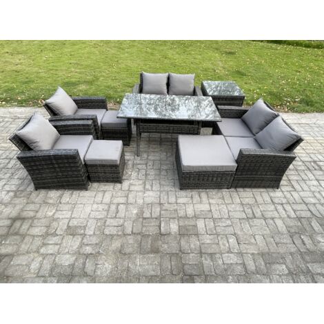Fimous 9 Pièces Ensemble de mobilier de jardin d'extérieur avec 3 Repose-pieds Table d'appoint Gris foncé mélangé