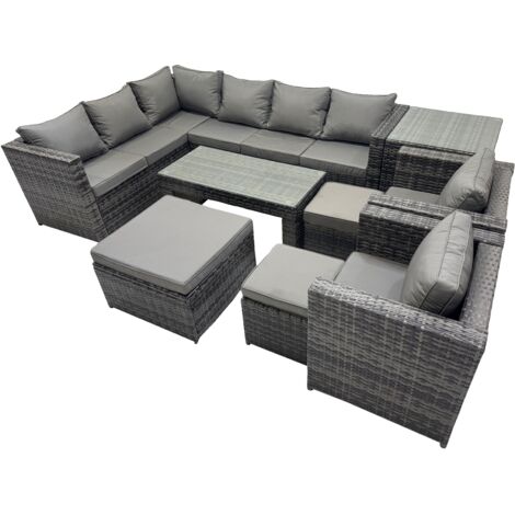 Fimous 9 Pieces Outdoor PE Rattan Garden Furniture Corner Sofa Oblong Coffee Table Set with Cushions 3 Footstools Side Table Dark Grey Mixed