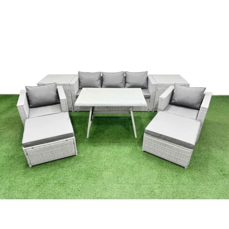 Fimous 9 Pieces Outdoor PE Rattan Sofa Armchair Set Patio Garden Furniture Sets with Cushions 2 Side Tables 2 Big Stools Light Grey