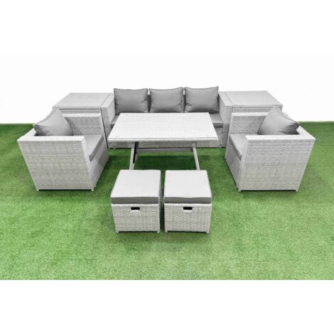 Fimous 9 Pieces Outdoor PE Rattan Sofa Armchair Set Patio Garden Furniture Sets with Cushions 2 Side Tables 2 Small Stools Light Grey