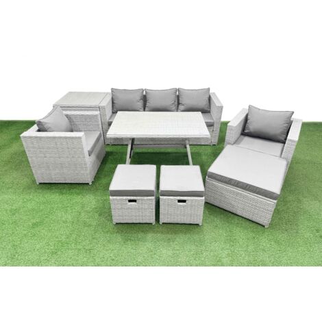 Fimous 9 Pieces Outdoor PE Rattan Sofa Armchair Set Patio Garden Furniture Sets with Cushions Side Table 3 Stools Light Grey