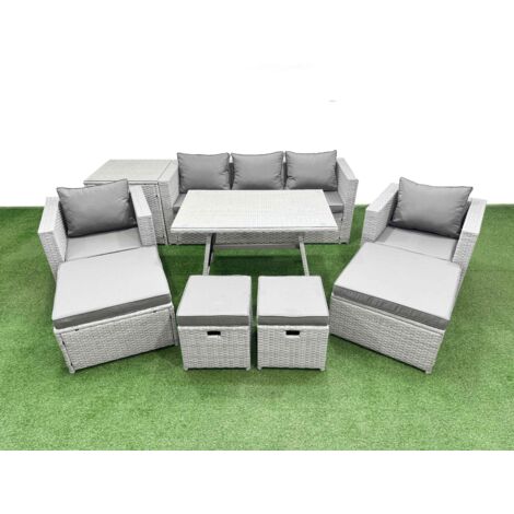 Fimous 9 Pieces Outdoor PE Rattan Sofa Armchair Set Patio Garden Furniture Sets with Cushions Side Table 4 Stools Light Grey