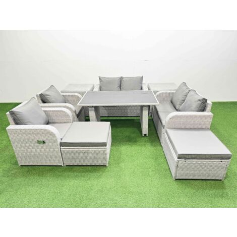 Fimous 9 Pieces Outdoor PE Rattan Sofa Reclining Chair Set Patio Garden Furniture Sets with Cushions 2 Side Tables 2 Big Stools Light Grey
