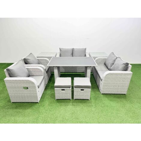 Fimous 9 Pieces Outdoor PE Rattan Sofa Reclining Chair Set Patio Garden Furniture Sets with Cushions 2 Side Tables 2 Small Stools Light Grey