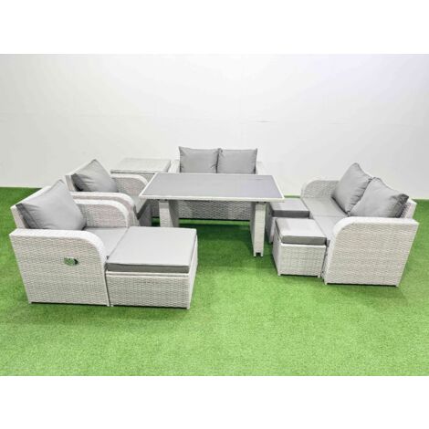 Fimous 9 Pieces Outdoor PE Rattan Sofa Reclining Chair Set Patio Garden Furniture Sets with Cushions Side Table 3 Stools Light Grey