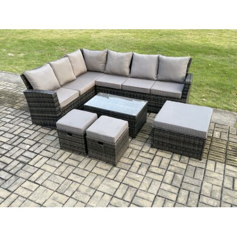 Fimous 9 places Dos haut Ensemble de meubles de jardin en rotin avec Table basse rectangulaire 3 Repose-pieds Gris foncé mélangé