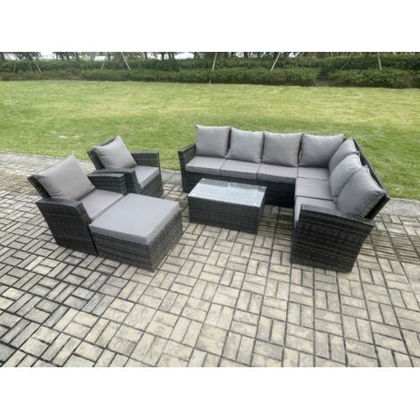 Fimous 9 places Dos haut Ensemble de meubles de jardin en rotin avec Table basse rectangulaire Grands Tabouret 2 Fauteuils Gris foncé mélangé