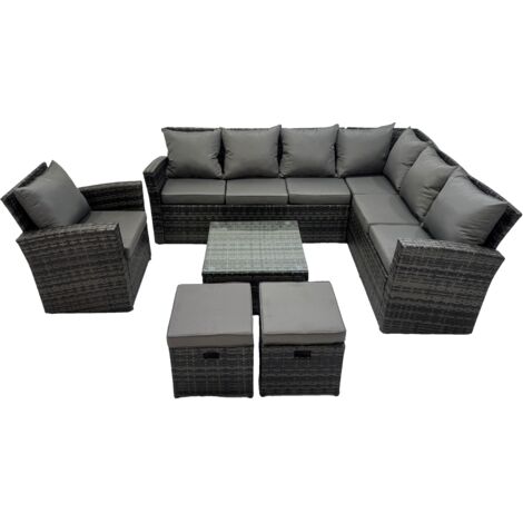 Fimous 9 places Dos haut Ensemble de meubles de jardin en rotin  Canapé d'angle avec Table basse carrée  Tabourets avec Fauteuil