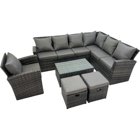 Fimous 9 places Dos haut Ensemble de meubles de jardin en rotin  Canapé d'angle avec Table basse rectangulaire Tabourets avec Fauteuil
