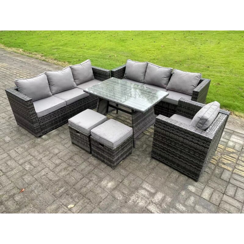 9 places Ensemble de canapé en rotin extérieur avec Table à manger Fauteuil 2 Petits tabourets Gris foncé mixte - Fimous