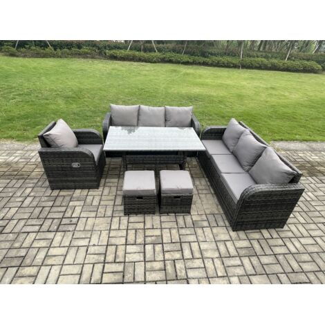 Fimous 9 places Ensemble de canapés de jardin en rotin Table à manger rectangulaire avec Fauteuil 2 Petits repose-pieds Gris foncé mélangé