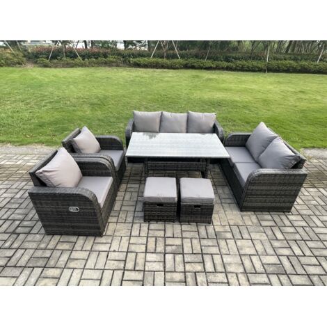 Fimous 9 places Ensemble de canapés de jardin en rotin Table à manger rectangulaire avec Fauteuil canapé deux places 2 Petits repose-pieds Gris foncé mélangé