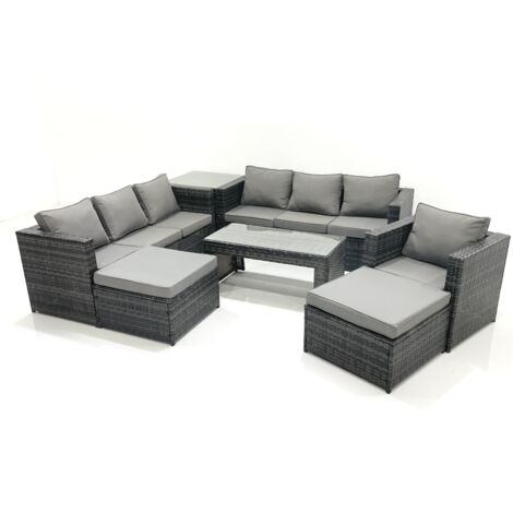 Fimous 9 places Ensemble de meubles de jardin en rotin avec Canapé 3 places Table basse 2 Grand tabourets Table d'appoint