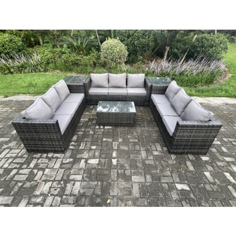 Fimous 9 places Ensemble de meubles de jardin en rotin avec Table basse 2 Tables d'appoint Mélange gris foncé