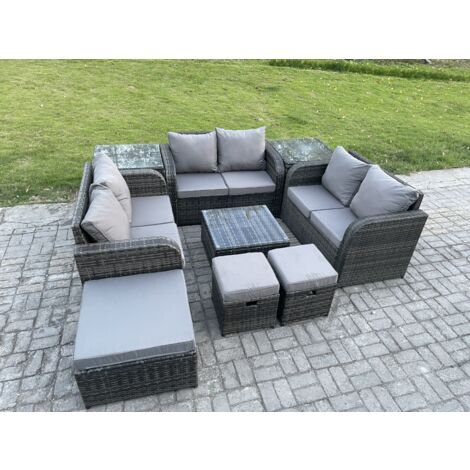 Fimous 9 places Ensemble de meubles de jardin en rotin avec Table basse carrée Love Sofa 3 Tabourets 2 Tables d'appoint