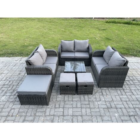 Fimous 9 places Ensemble de meubles de jardin en rotin avec Table basse carrée Love Sofa 3 Tabourets