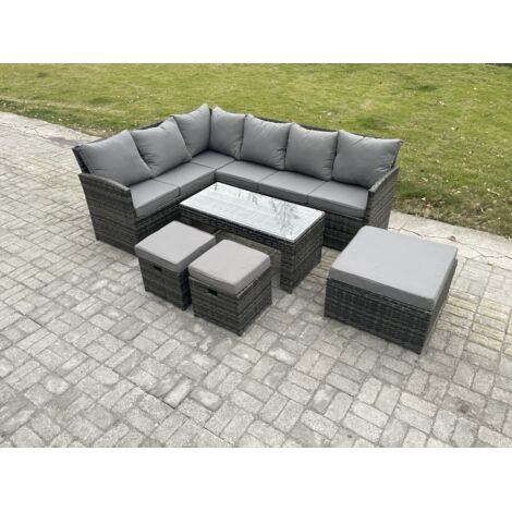 Fimous 9 places Ensemble de meubles de jardin en rotin d'extérieur avec 3 Repose-pieds Gris foncé mélangé