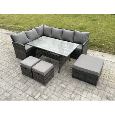 Fimous 9 places Ensemble de meubles de jardin en rotin d'extérieur avec Table à manger rectangulaire 3 Repose-pieds Gris foncé mélangé