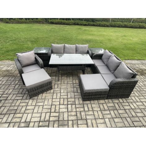 Fimous 9 places Ensemble de meubles de jardin en rotin d'extérieur Table à manger rectangulaire et Fauteuils avec Canapé 3 places 2 Grands Tabourets 2 Tables d'appoint Gris foncé mélangé