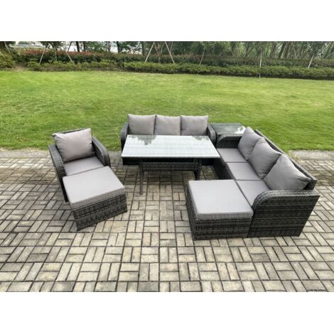 Fimous 9 places Ensemble de meubles de jardin en rotin d'extérieur Table à manger rectangulaire et Fauteuils avec Canapé 3 places 2 Grands Tabourets Table d'appoint Gris foncé mélangé